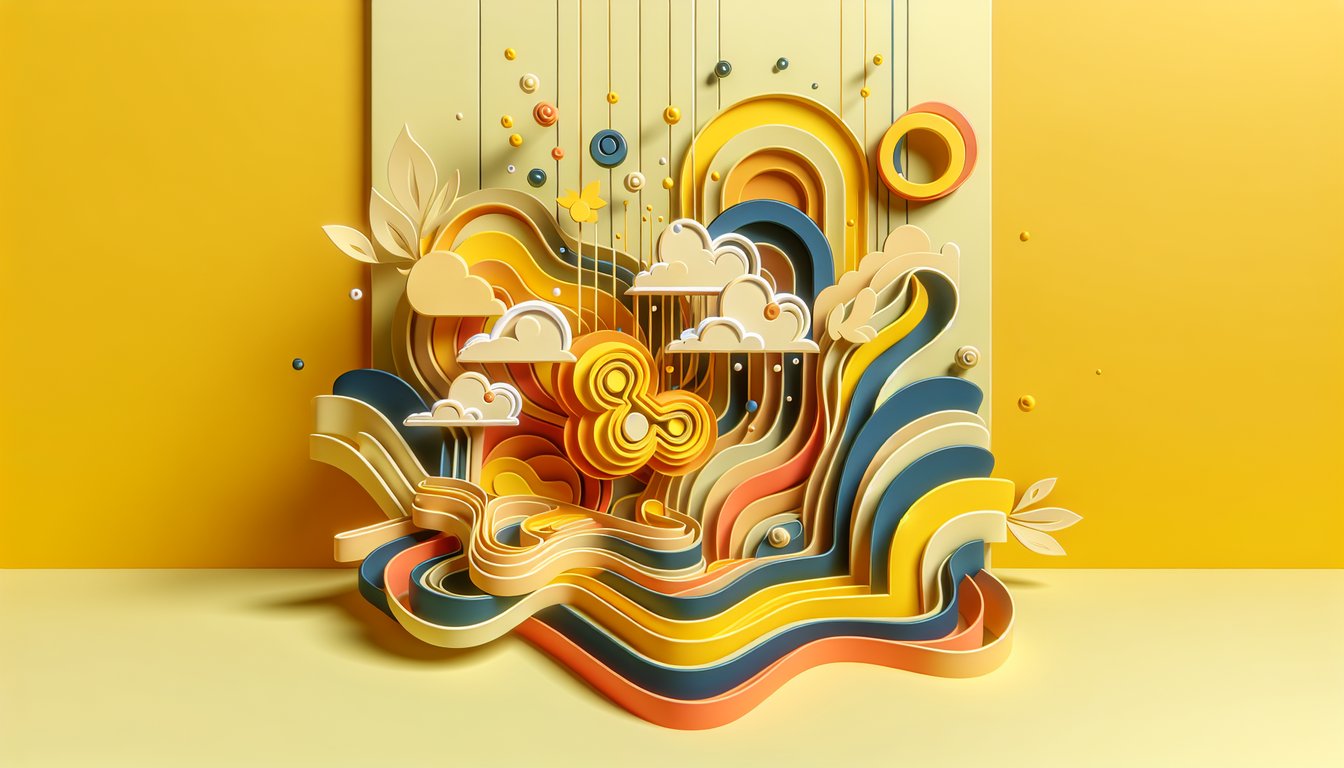 Paper art illustration featuring colorful layered shapes and text about power color quiz on golden yellow background