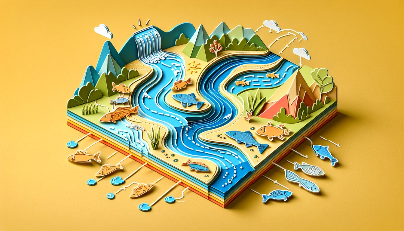 Paper art illustration showing winding river through layered watersheds fish and water plants on golden yellow background