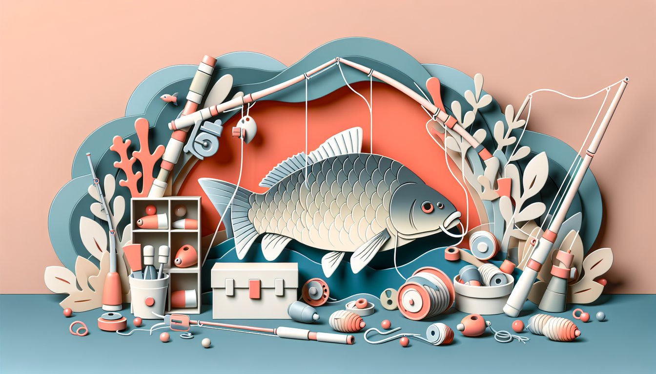 Paper art style carp fish and fishing hook next to quiz title on coral background