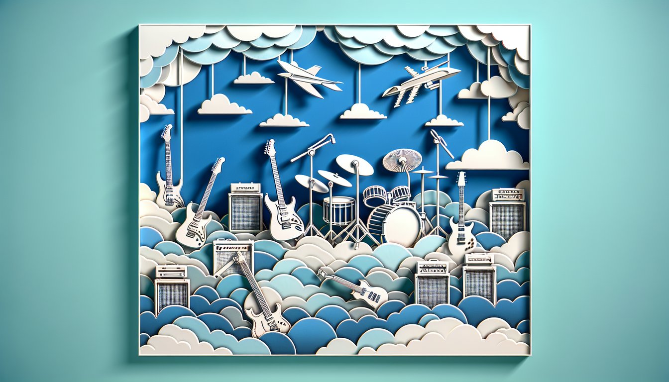 paper art silhouettes of rockstars holding guitars and microphones on sky blue background quiz challenge banner