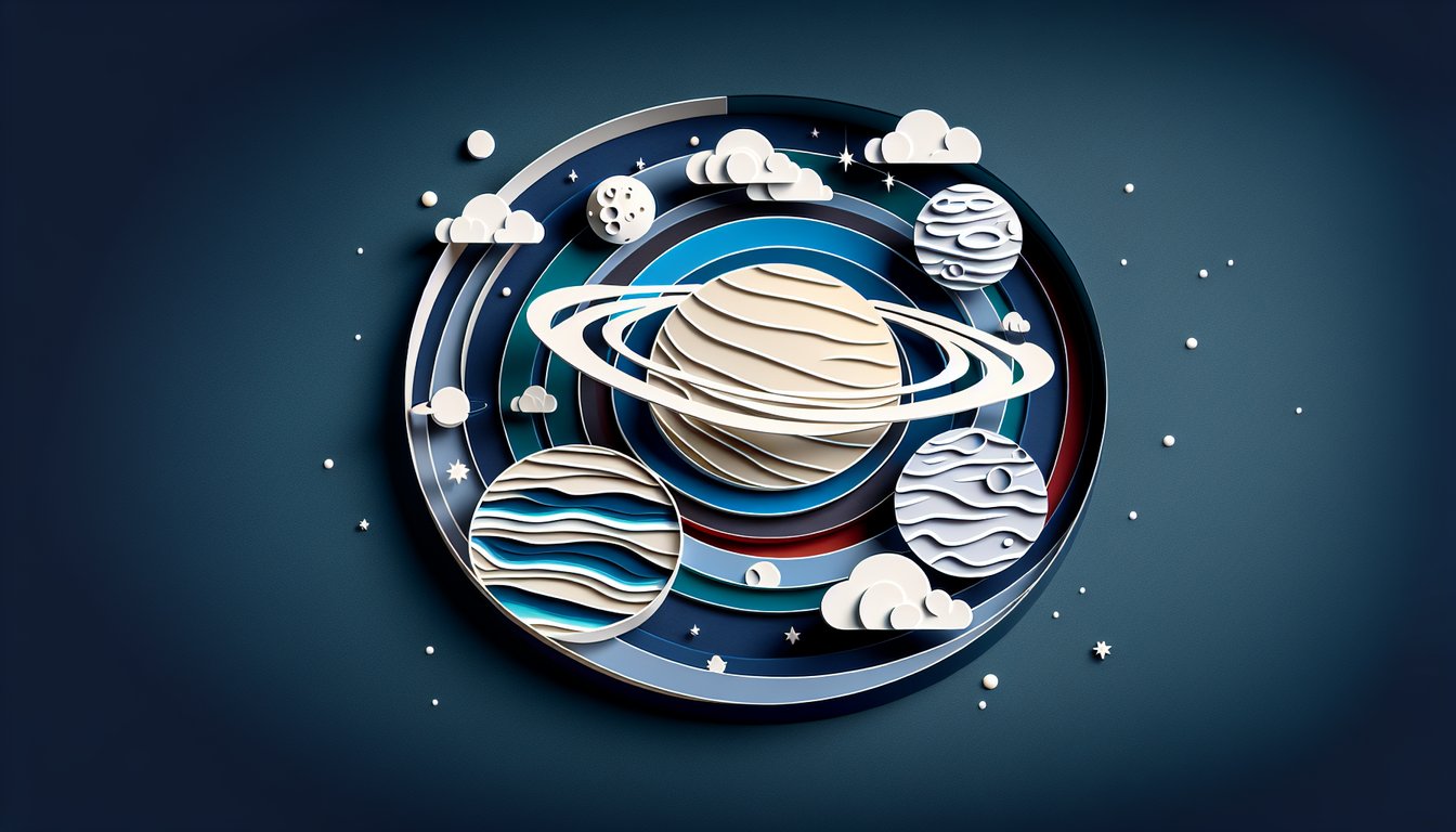 Paper cutout solar system with planets, stars, floating figure on dark blue background for cosmic personality quiz