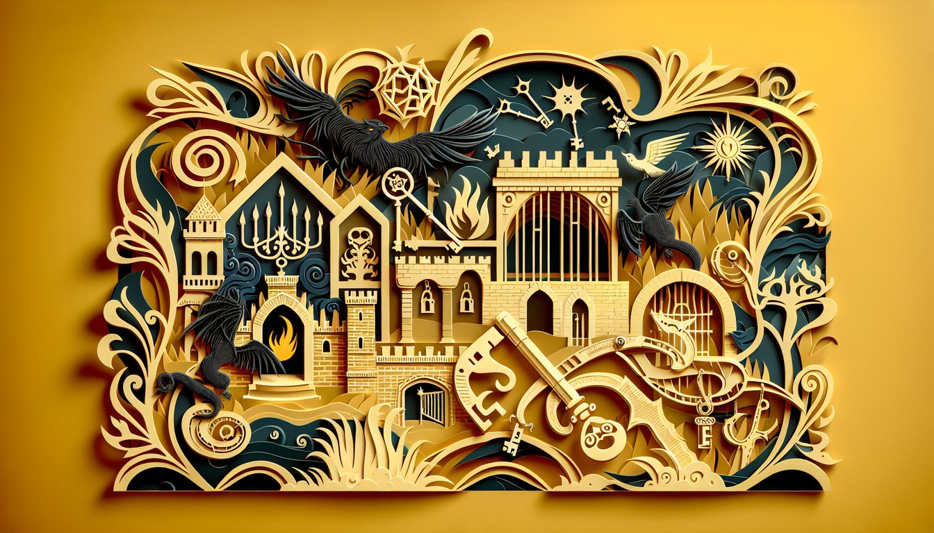 Paper art quiz design showing layered book pages iron key and dungeon doors on golden yellow background