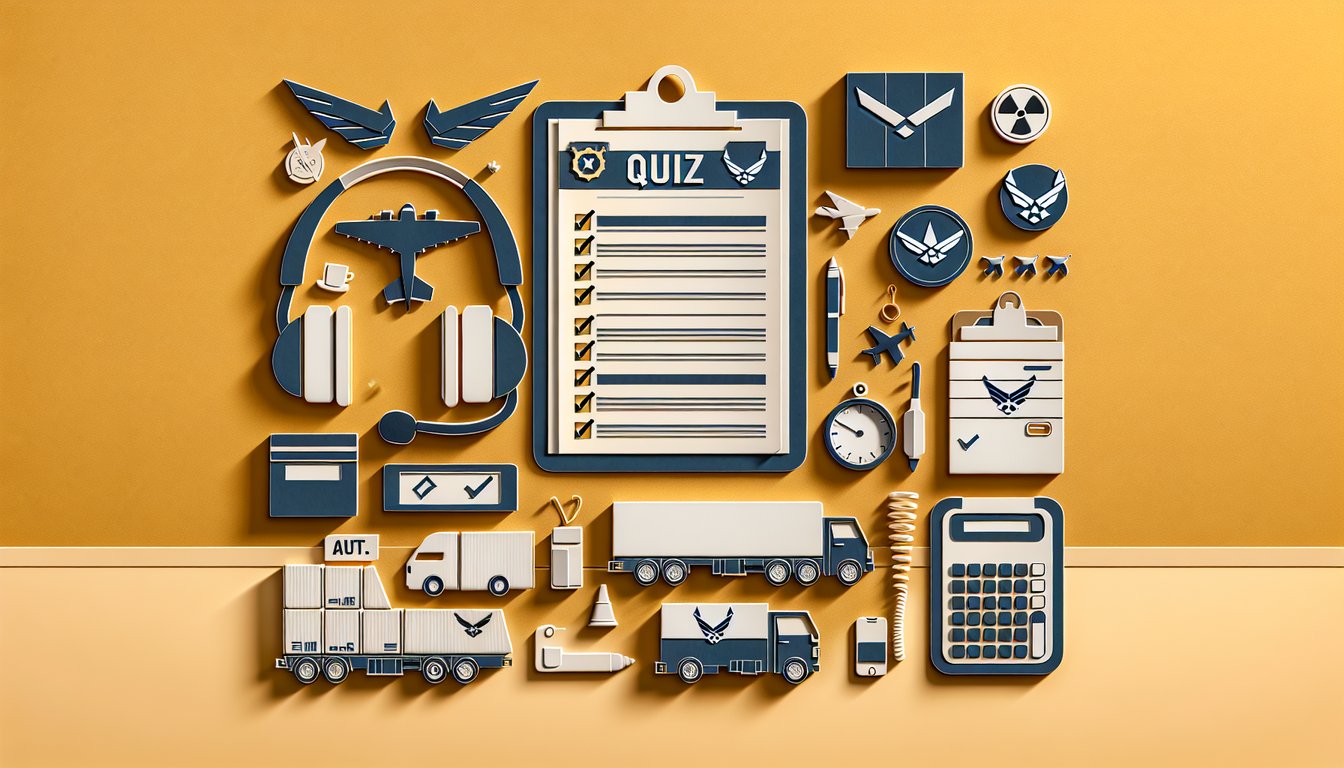 Paper style truck airplane cargo checklist on golden yellow background for AFMAN 24-306 vehicle dispatch logistics quiz