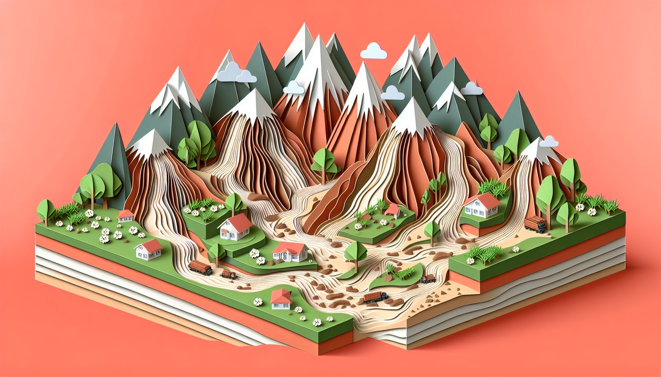 Paper art style landslide mudflow avalanche and debris flow icons on coral background quiz about mass movement destruction