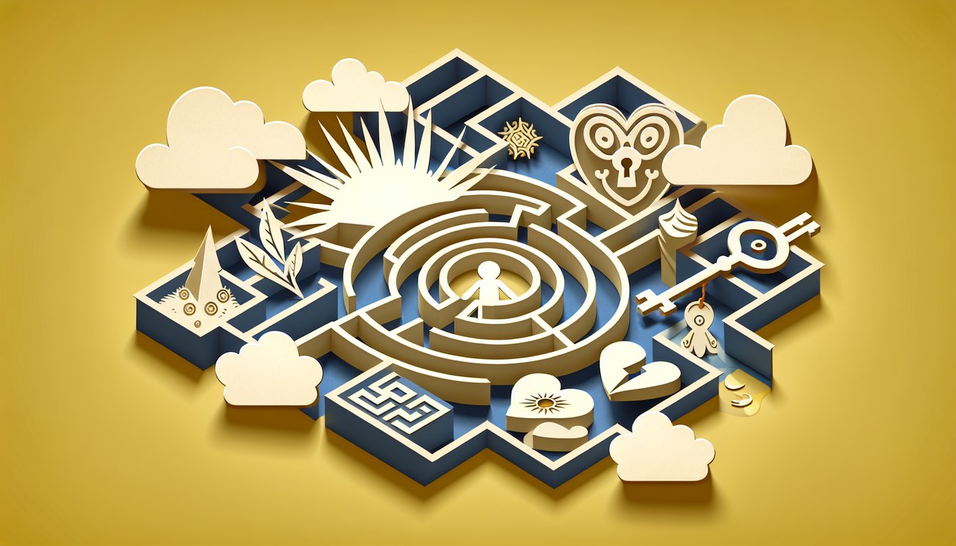 Paper art illustration for a child archetype quiz on a golden yellow background.