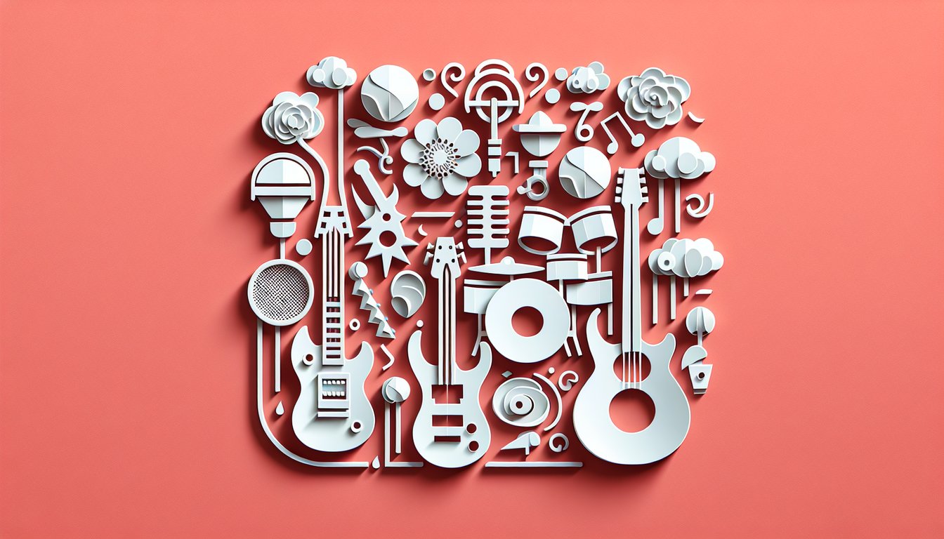 Paper art illustration for Metallica lyrics matching quiz on coral background with bold cutout text and rock themed accents
