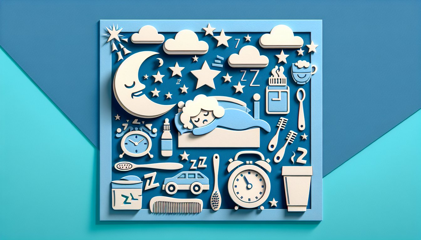 Paper art style morning trivia quiz with sun, alarm clock, bed pillow and snoring icons on sky blue background.