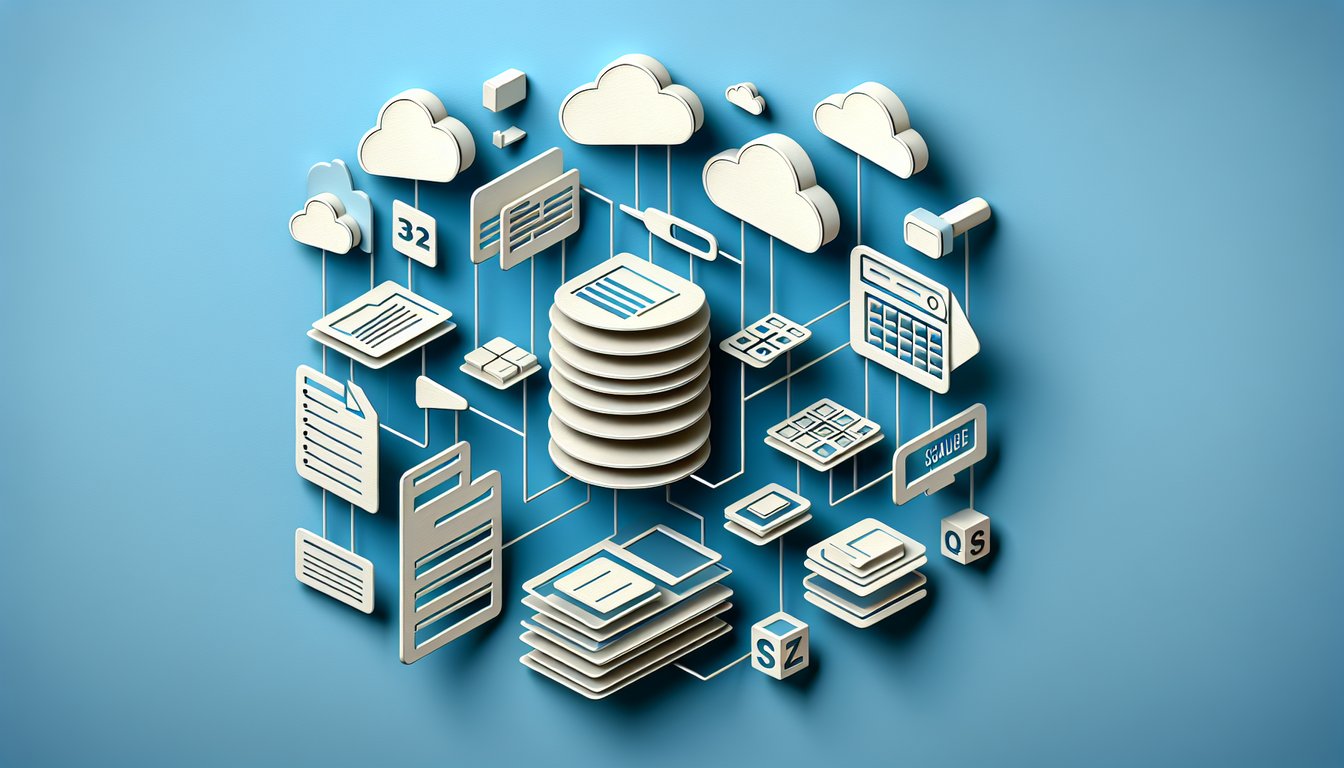 paper art style database quiz illustration with tables charts exam icons on sky blue background