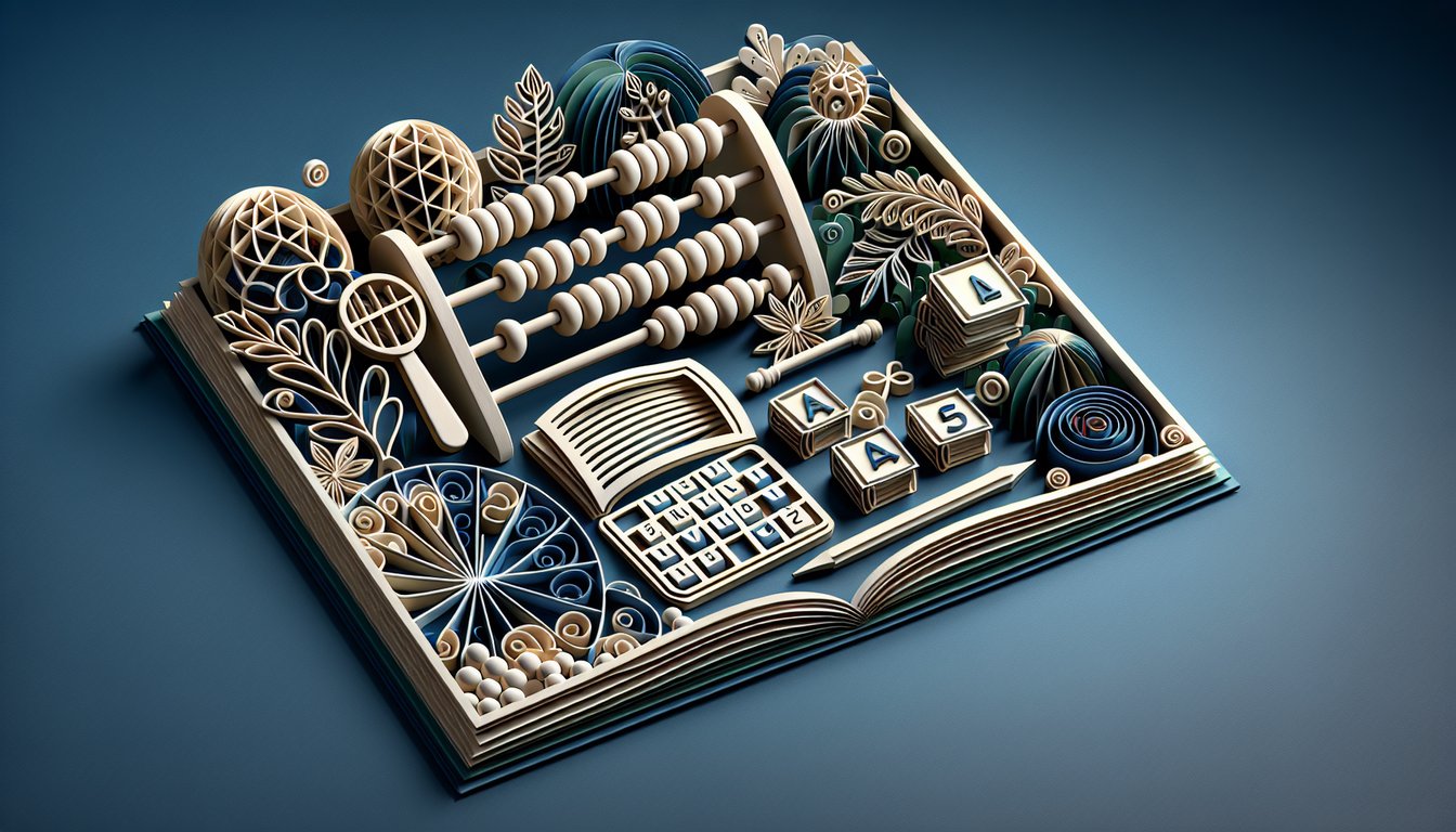 Paper art illustration for a second grade quiz testing math, reading, and spelling on a dark blue background.