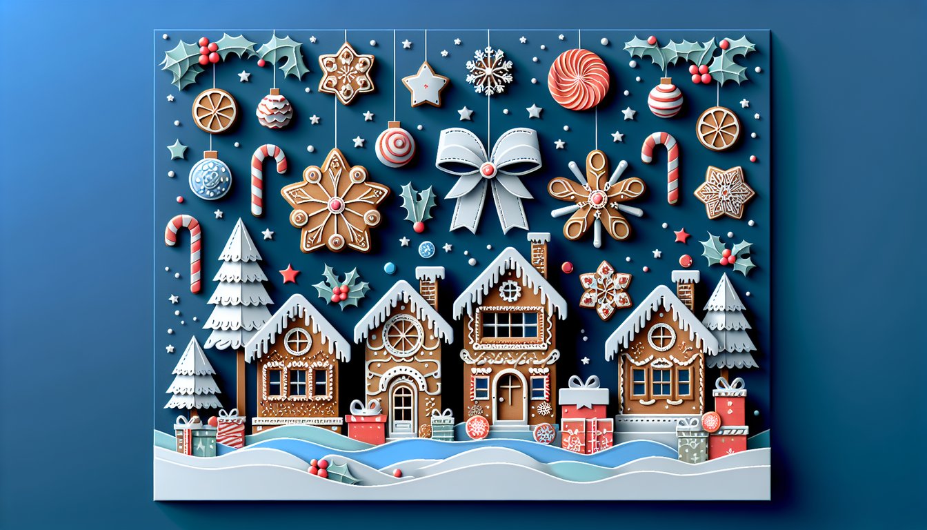 Paper art illustration for gingerbread trivia quiz on a dark blue background