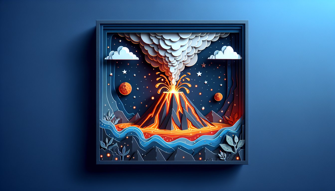 Paper art depicting erupting volcano for high school Earth science trivia quiz