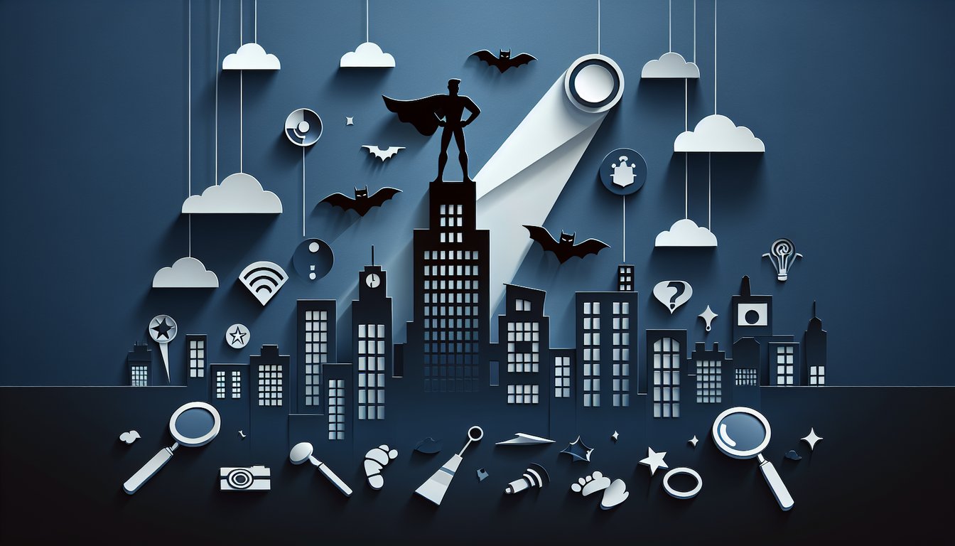 Paper art illustration with Batman emblem and Gotham skyline for Dark Knight trivia quiz on dark blue background.