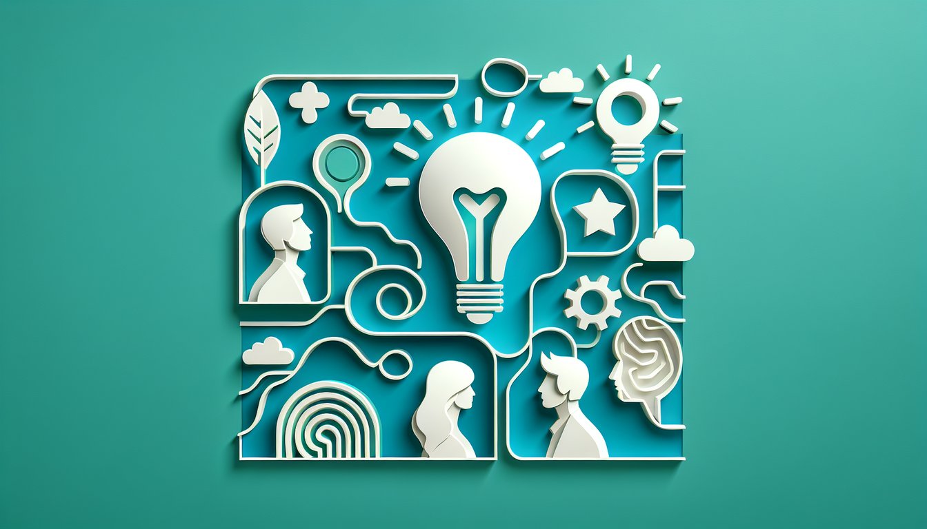 Paper art illustration stylized faces and shapes radiating around quiz title on teal background