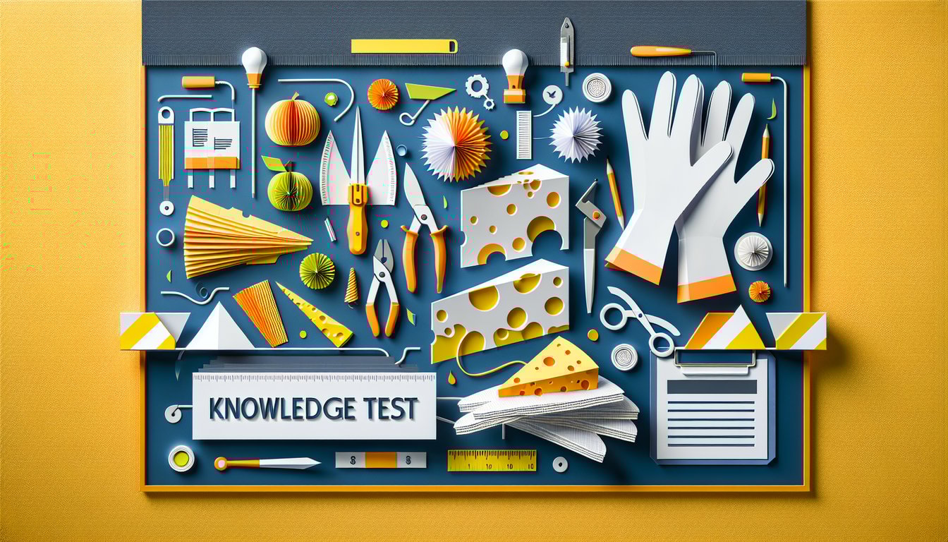 Colorful paper art depicting a cheese safety knowledge test quiz