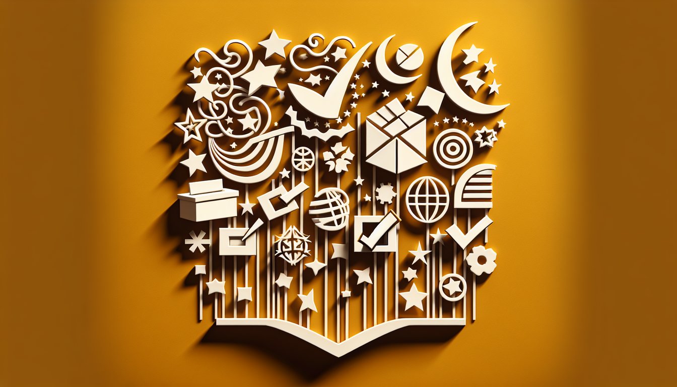 Paper art style depiction of a ballot, checkmark icons and text shapes on a golden yellow background promoting a voting quiz