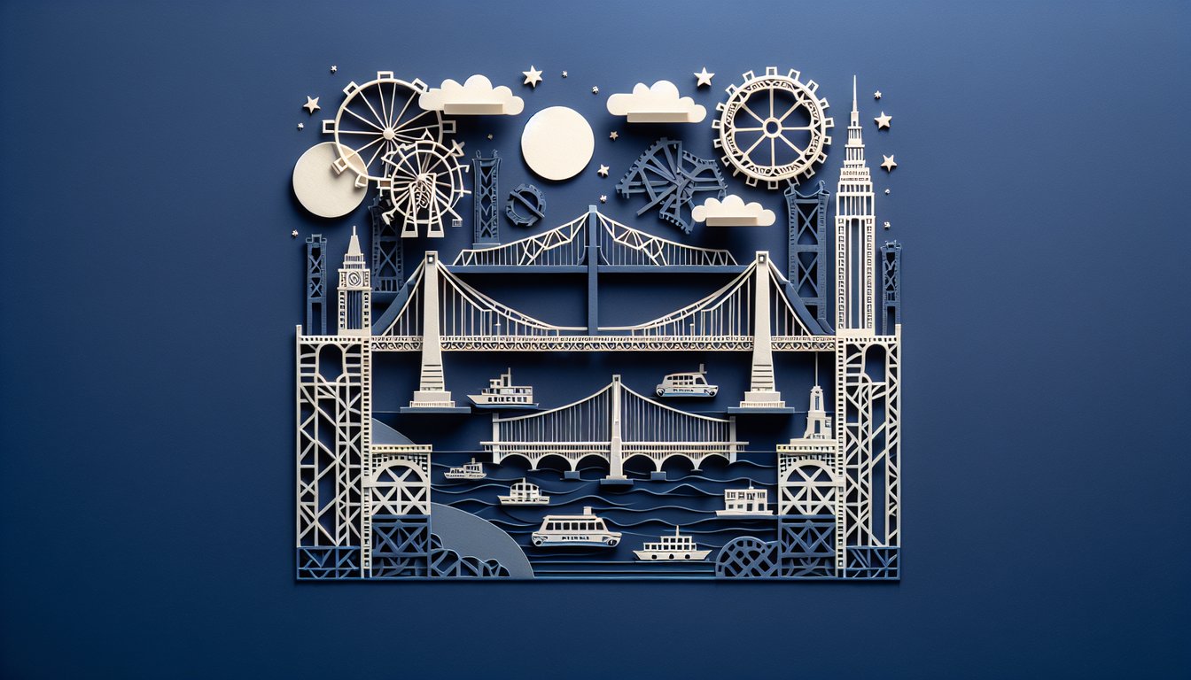 Colorful paper art featuring various iconic bridges for a trivia quiz about worlds largest bridges.