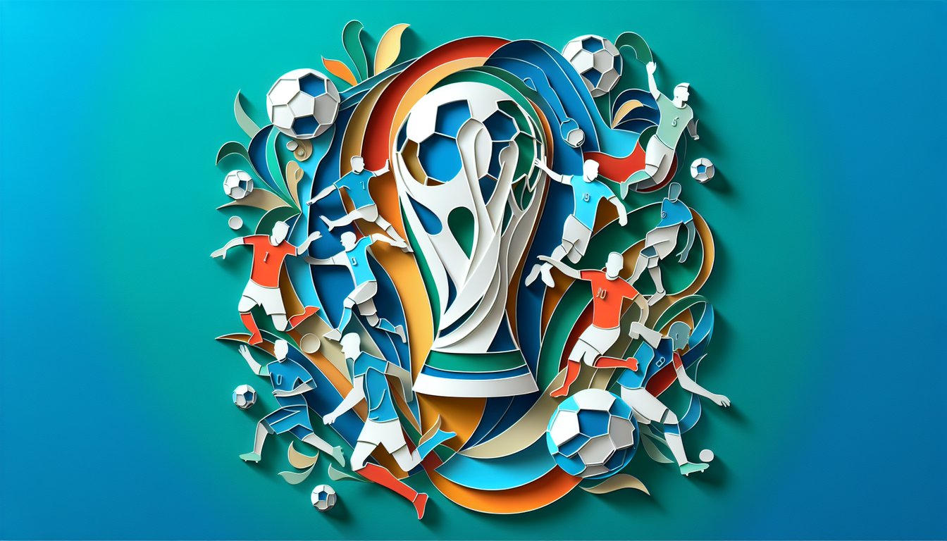 Paper cut soccer ball, trophy, and quiz text on teal background for World Cup trivia challenge.