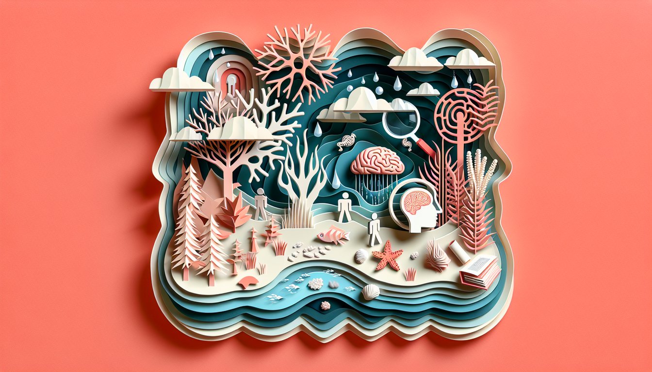 Paper art shows figures facing abstract shadows and jagged shapes on coral background hinting at fear and self discovery