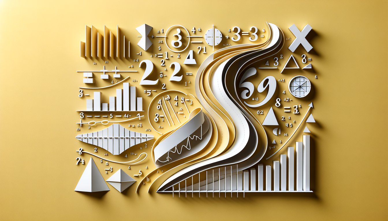 Paper art illustration with numbers symbols equations on golden yellow background promoting free linear equation quiz