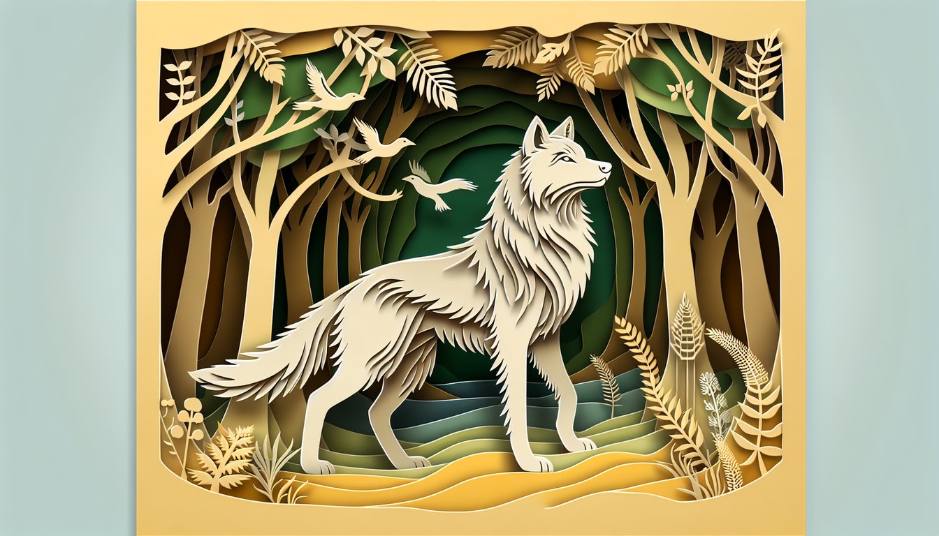 Paper art illustration shows stylized wolf silhouette with quiz icons on golden yellow background