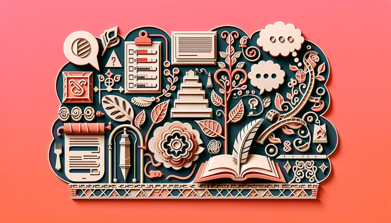 Paper art style illustration of a grammar quiz with conversation bubbles score icons on coral background