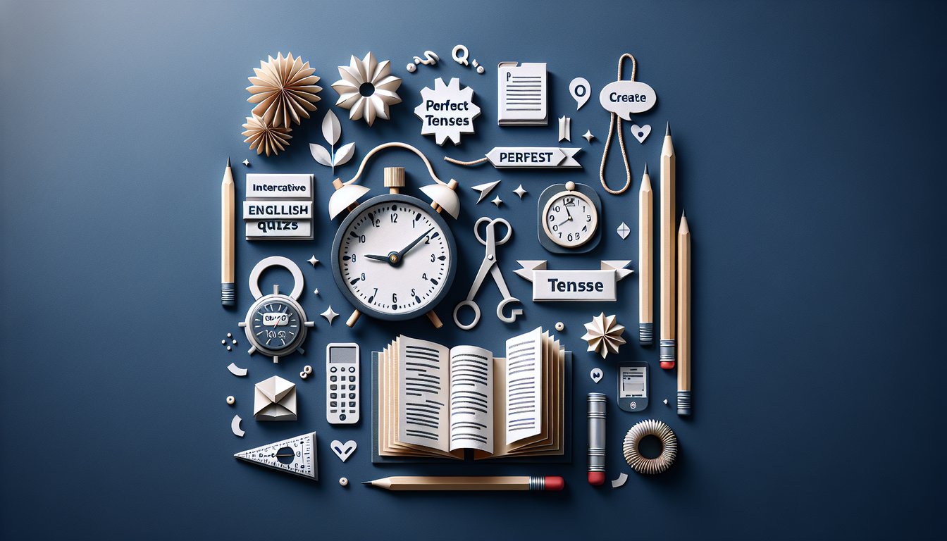 Paper art representing a trivia quiz on perfect tenses for high school English students.