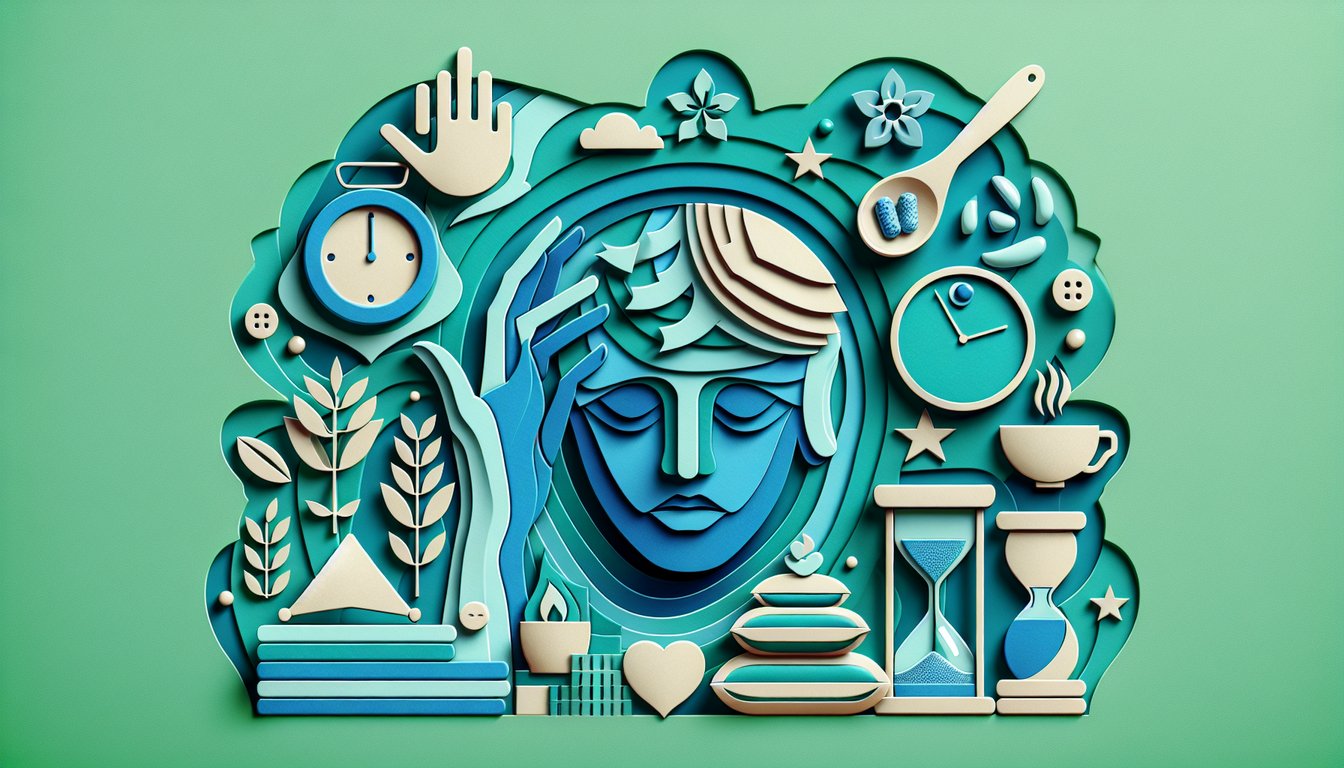 Paper art on teal background showing quiz matching stressors with management strategies and top stress busting tips