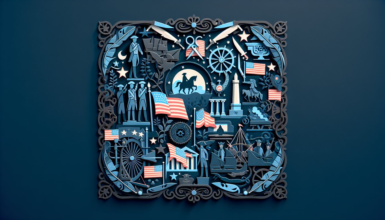 Colorful paper art promoting AMSCO 19 Unlocked, a high school American history practice quiz.