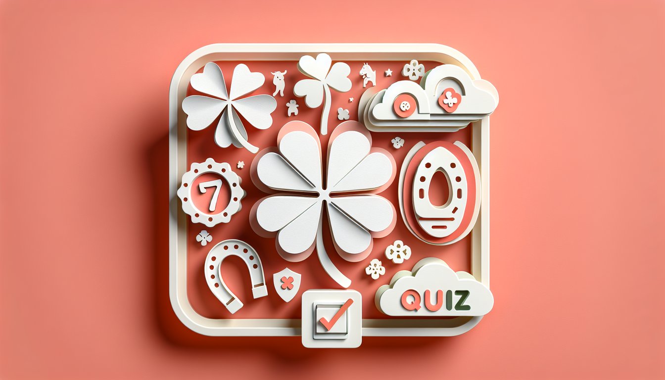 Paper art illustration for luck level quiz with fun questions on a coral background