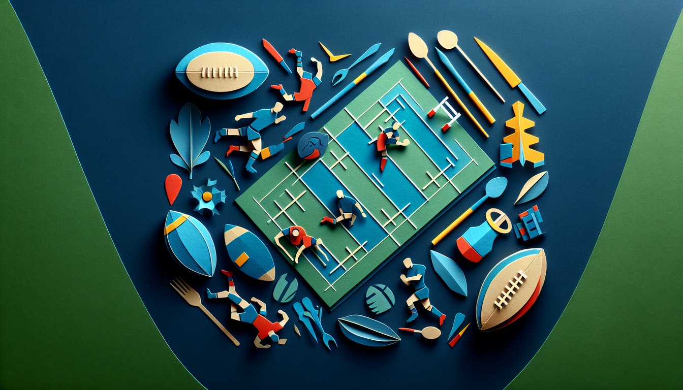 Colorful paper art depicting a rugby scene for a knowledge assessment quiz