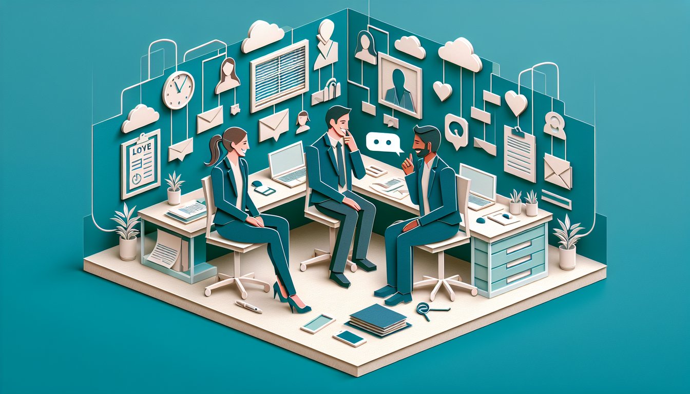 Paper art illustration of two coworkers on teal background one sending subtle flirting cues hearts question mark