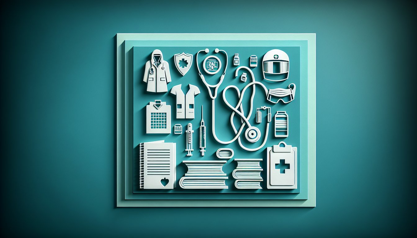 Paper art style illustration for nursing quiz with stethoscope, syringe, clipboard and nursing icons on teal background