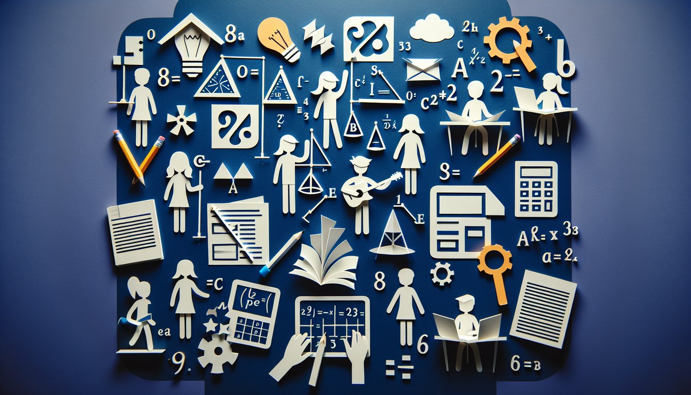 Paper art representing a trivia quiz about Equation Writing Lab for middle school math students.