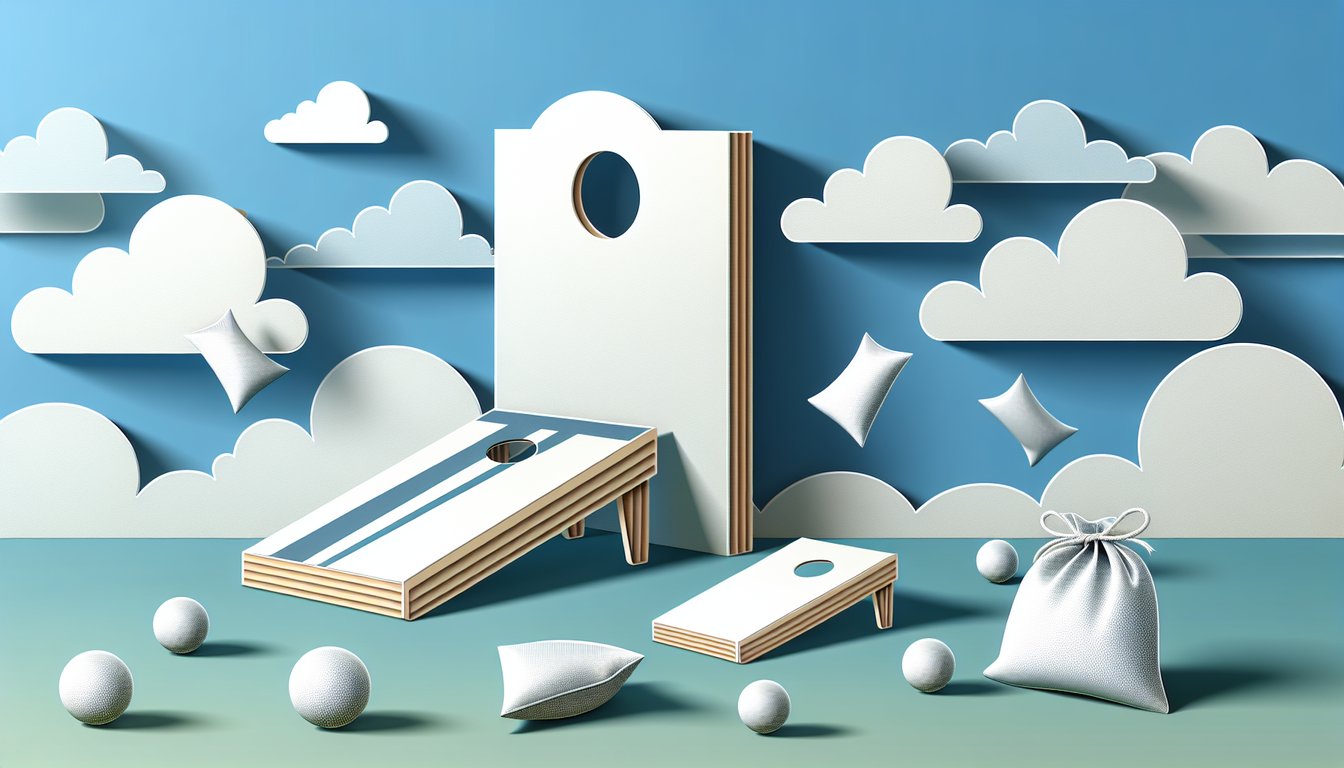 Paper art style cornhole board with scoring holes and beanbags quiz 10 questions banner on sky blue background
