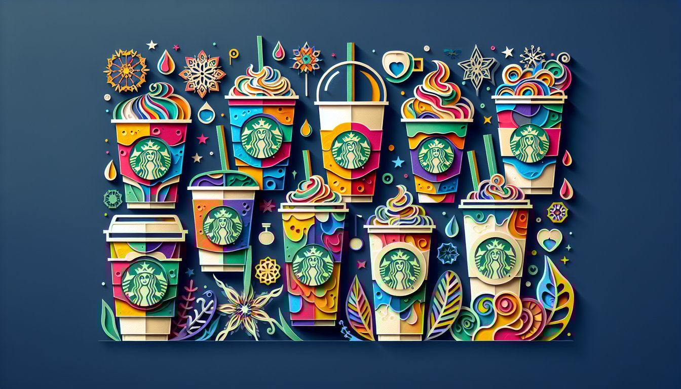 Paper art illustration for a personality quiz to find your matching Starbucks drink on a dark blue background