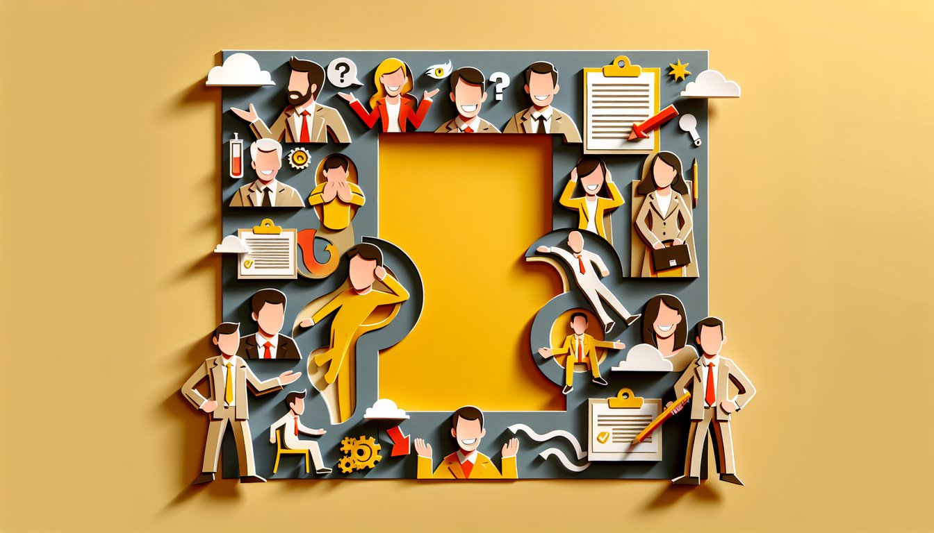 Paper art collage featuring Business Proposal characters and quiz prompt on golden yellow background