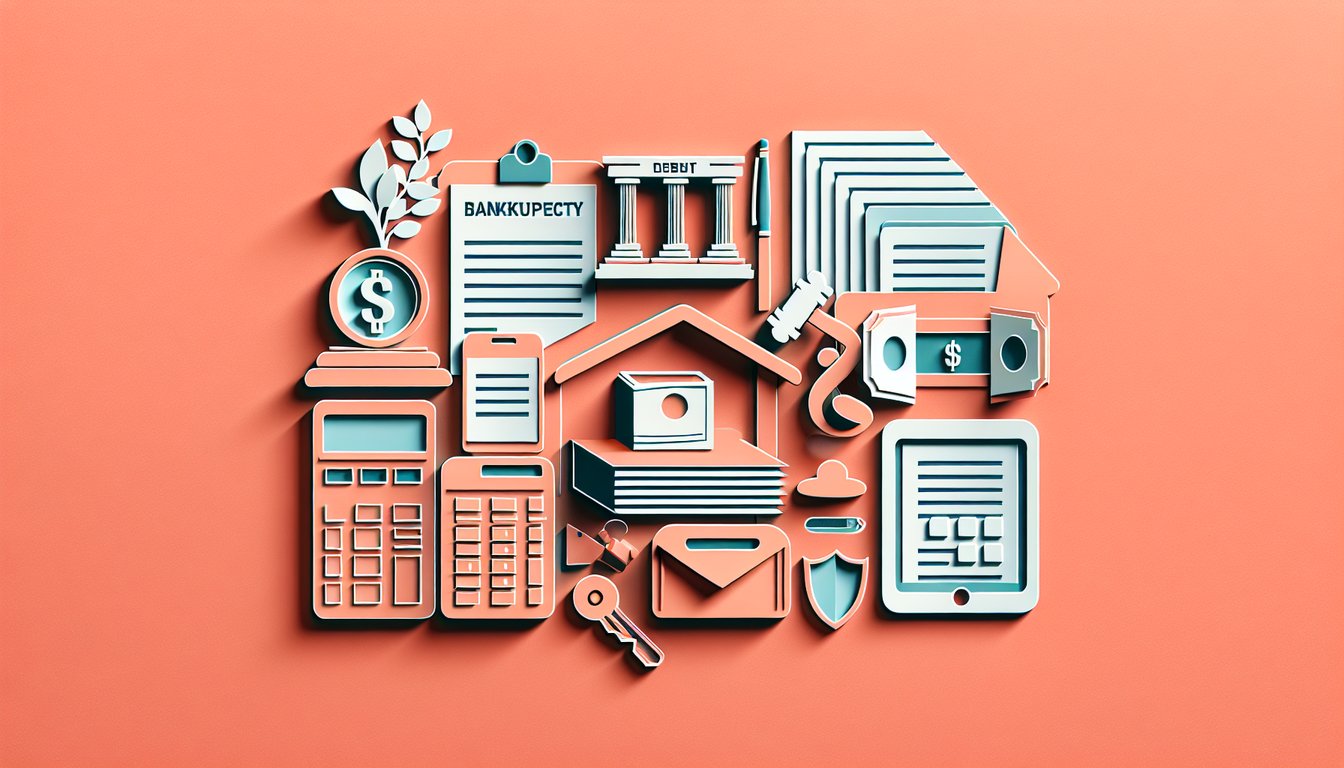 Paper art on coral background shows debt papers scales coins quiz symbol for bankruptcy filing options debt relief recovery