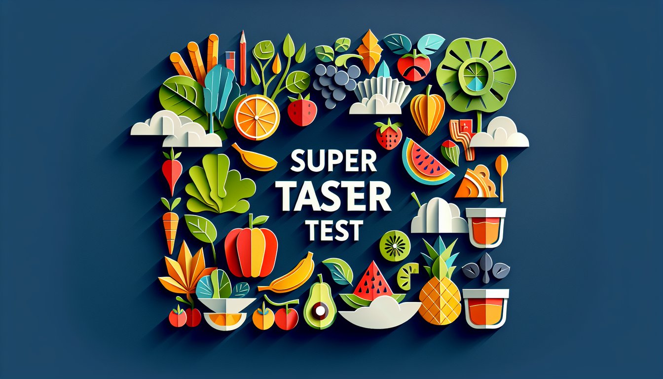 Paper art tongue with salt sugar pepper citrus icons and quiz title super taster test on dark blue background