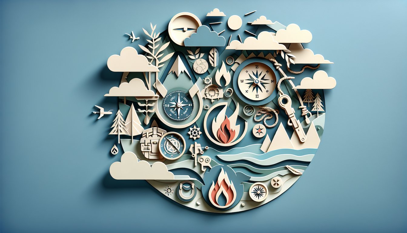 Paper art silhouettes of arena tributes around a flaming bird emblem on sky blue background for personality quiz.