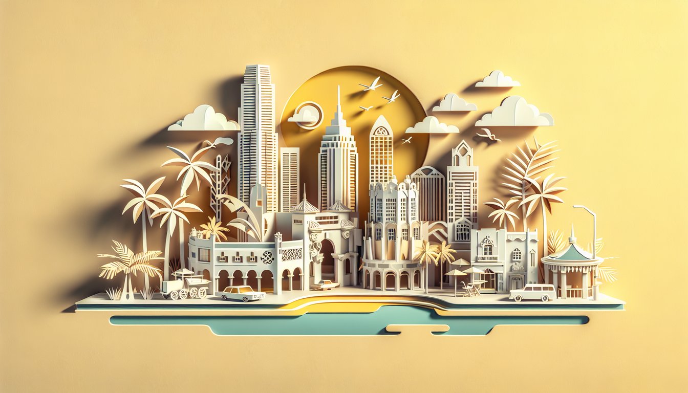Paper art illustration for Miami trivia challenge featuring landmarks and culture on golden yellow background.