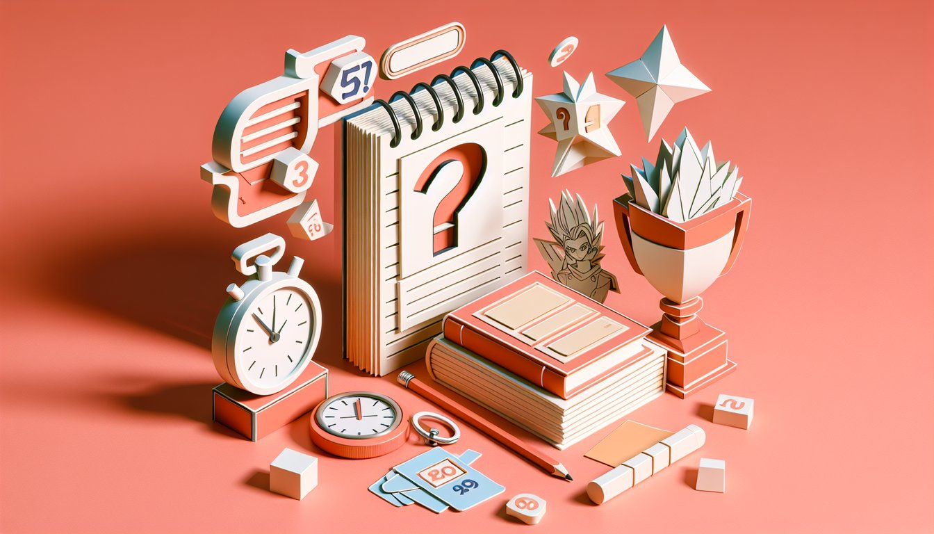 Paper art anime quiz scene with manga style icons question marks stars and quiz sheet on coral background