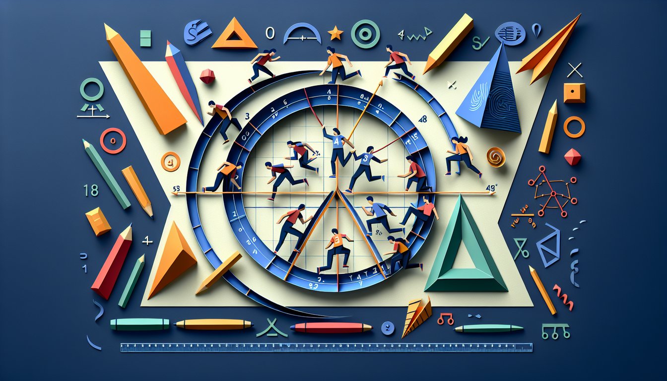Colorful paper art promoting Arc  Angle Relay, a geometry practice quiz for high school students.