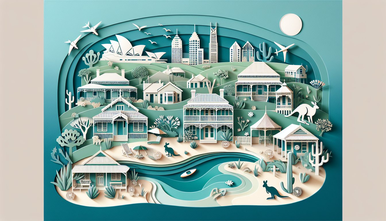 Paper art illustration of Australian homes and map shape on teal background for living in Australia quiz