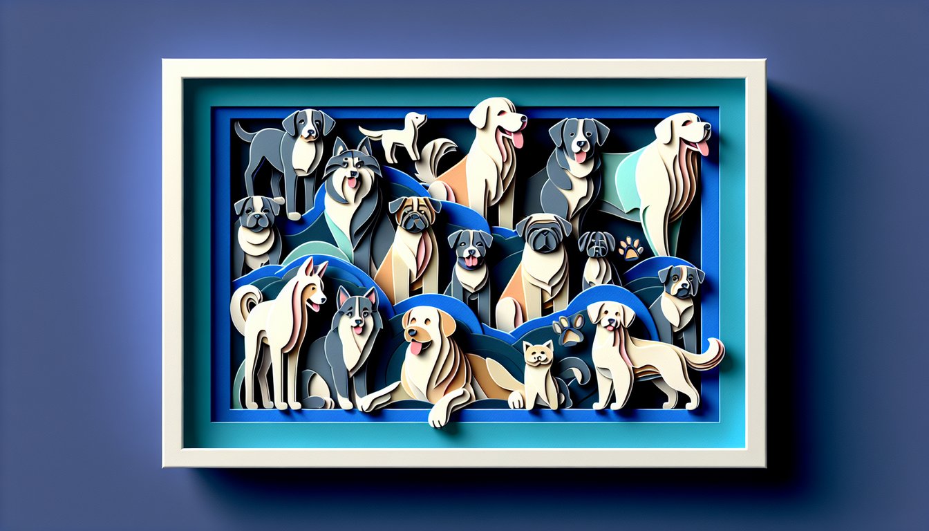 Paper art quiz illustration about finding your ideal dog breed on a dark blue background.