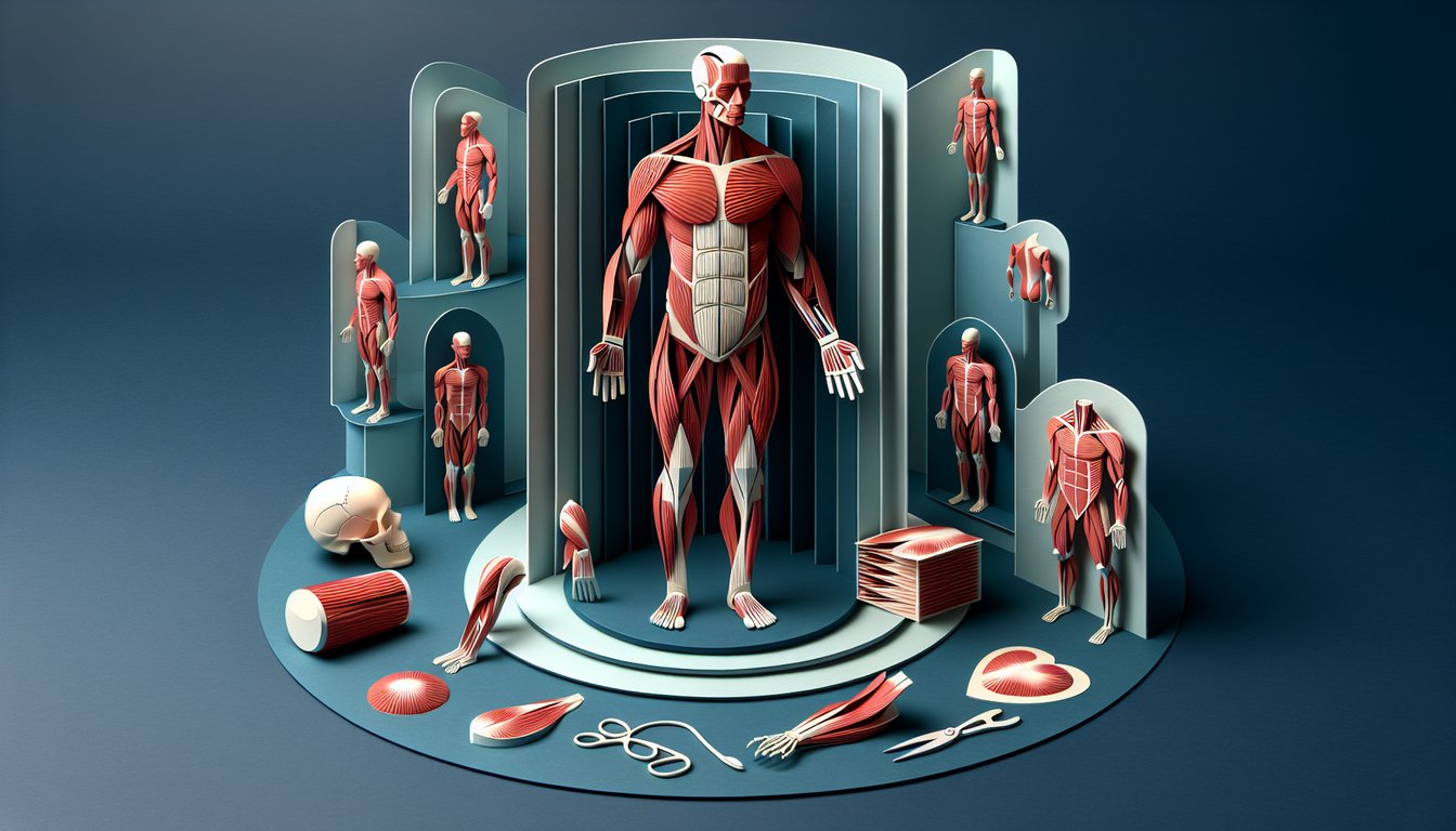 Paper art style axial muscle layers in white and blue on dark blue background for muscle quiz