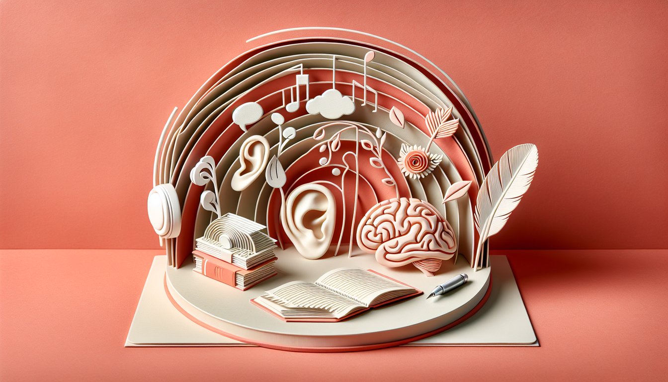 Paper cutout book letters pencil speech bubble collage representing Language Experience Approach quiz on coral background