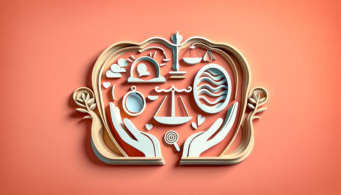 Paper art illustration promoting Emotional Maturity Test on a coral background