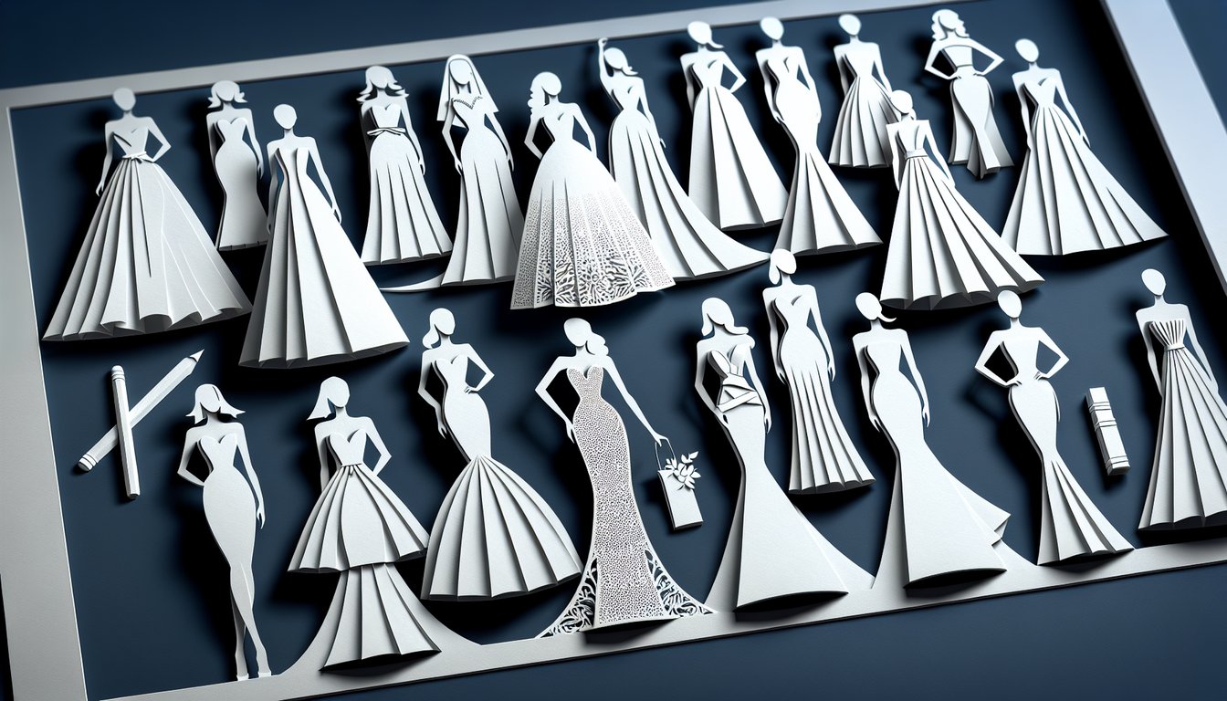 Paper art wedding dress silhouettes on dark blue background inviting brides to start a fun body type quiz