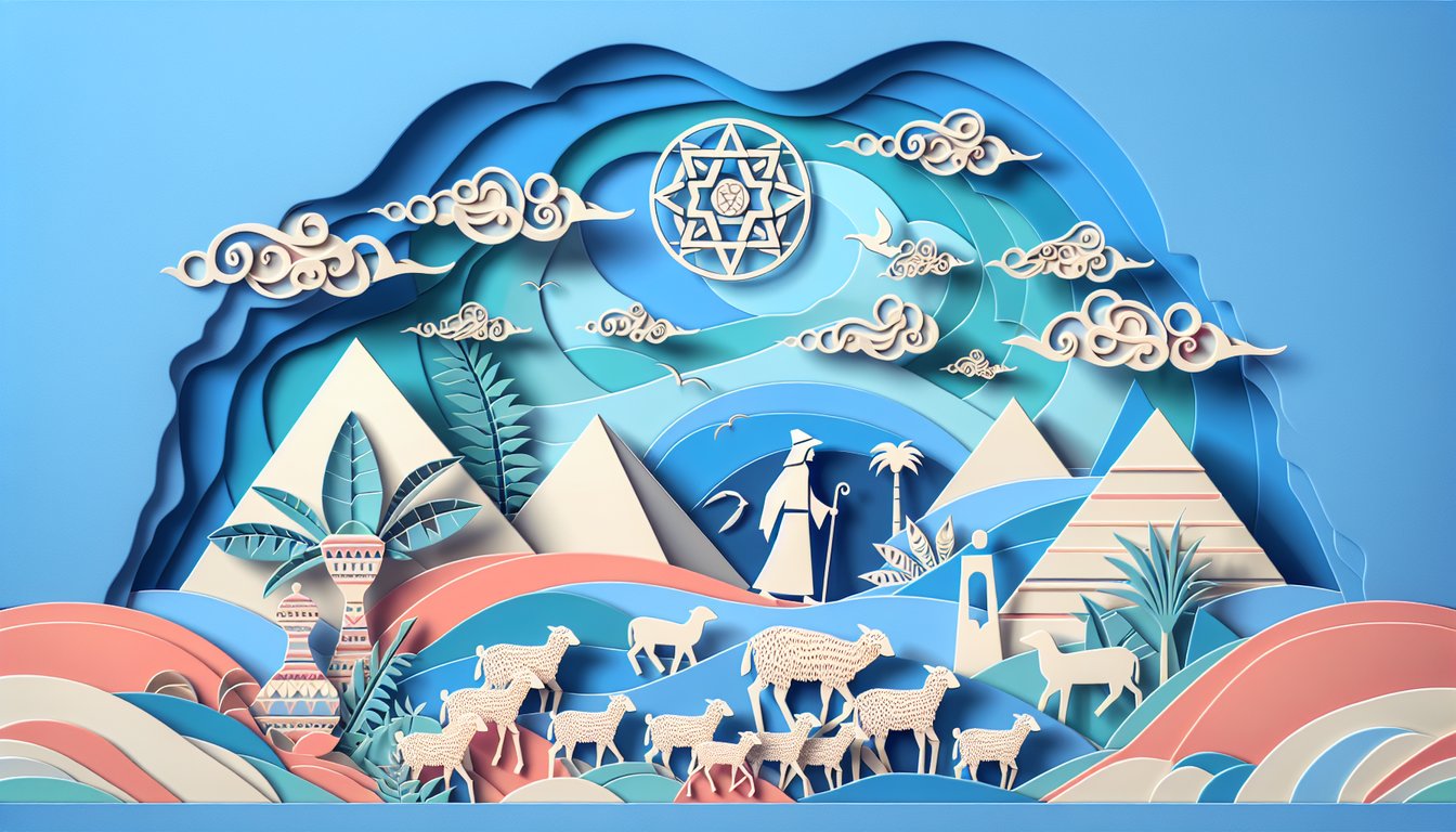 Paper cutout desert scene with pyramids, book and quill on sky blue background for The Alchemist quiz