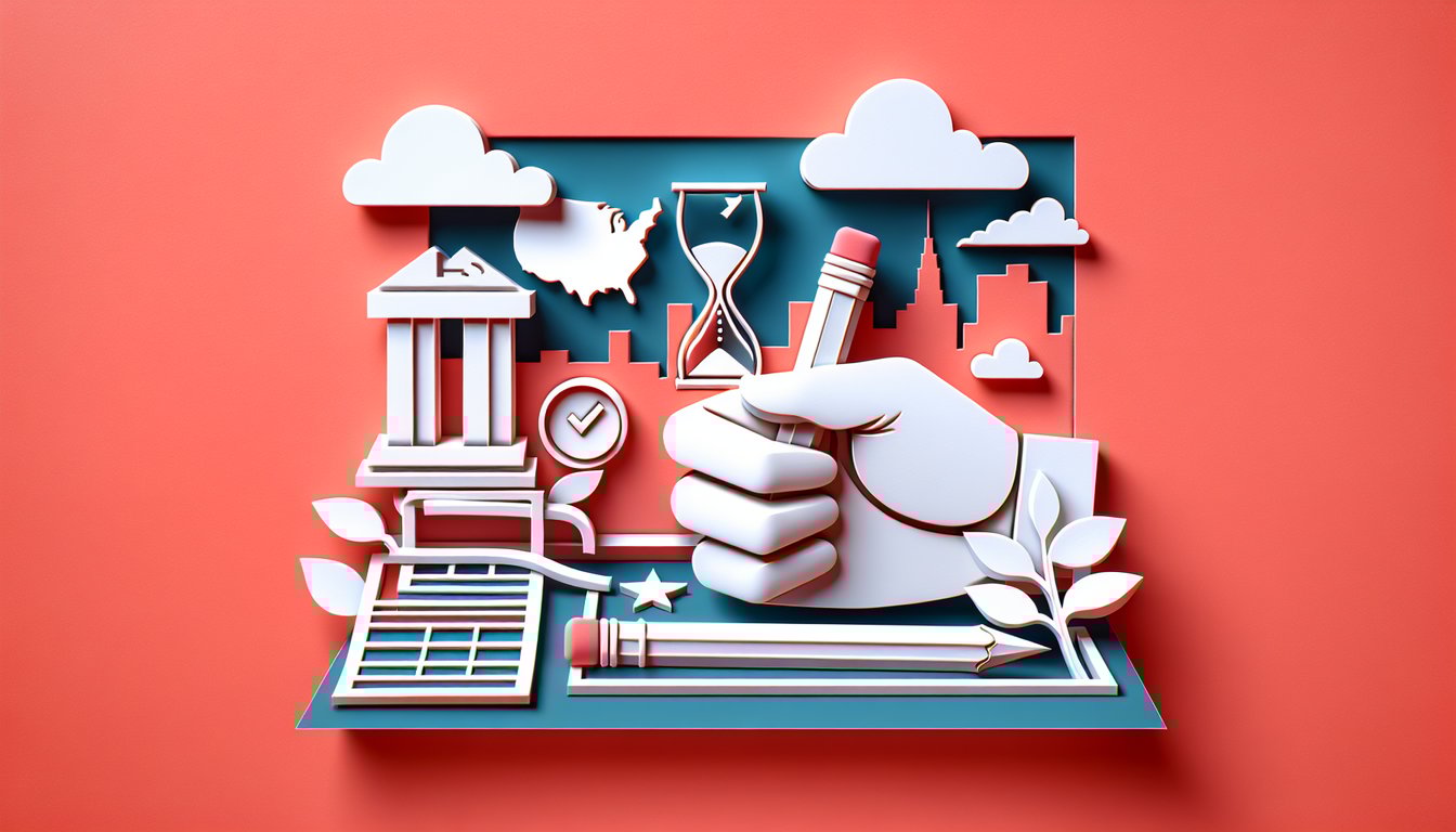 Paper art illustration of a civics practice test sheet and pencil stylized with flag elements on coral background